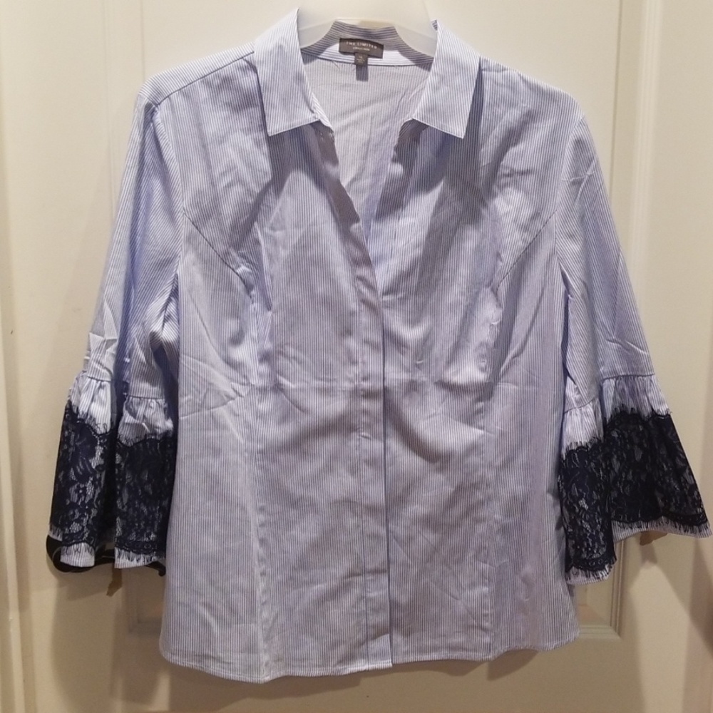 Pin stripe, button down, lacy bell sleeve blouse